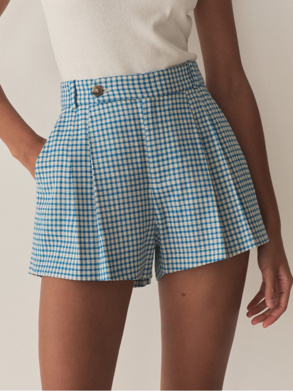 Doen Blue Gingham High-Waist Pleated Shorts